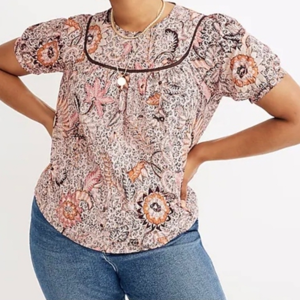 Madewell Yoked Puff Short Sleeve In Bali Blooms Floral Cotton Top Sz S
